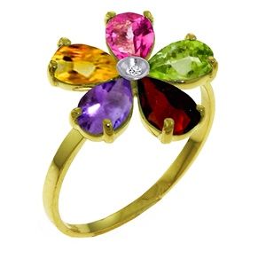 14K. SOLID GOLD RING WITH NATURAL DIAMOND & MULTI GEMS (Yellow Gold)